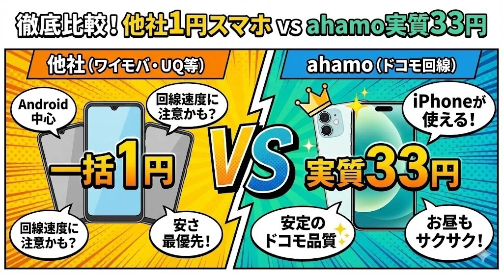 他社の1円スマホとahamo iPhoneの比較
